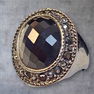 Vintage Signed Premier Designs Onyx Silver Crystal Black Glass Ring Size 6 1/2